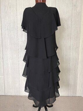 Ladies Elegant Tiered Chiffon Layered Midi 12 Dress Black Evening Formal Party